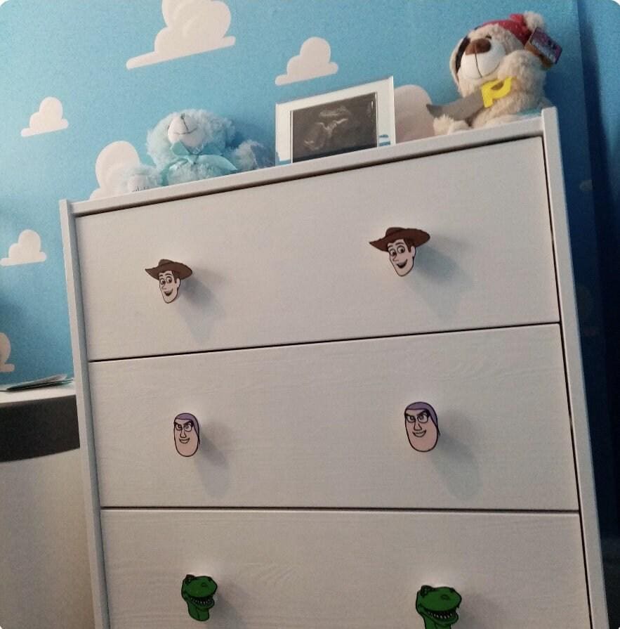 Toy story drawer pulls, kids cabinet knobs, dresser furniture handles, 3D printed PLA hardware, pixar theme baby shower present ideas