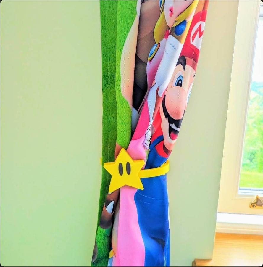 Mario star curtain tiebacks, gaming room drapery holdbacks, 3D printed plastic nursery accessories, video game kids birthday gift decor