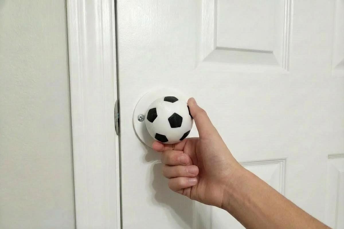 Soccer ball twist interior door handle, kids bedroom hardware replacement, 3D printed organic PLA thermoplastic, sports nursery gift idea