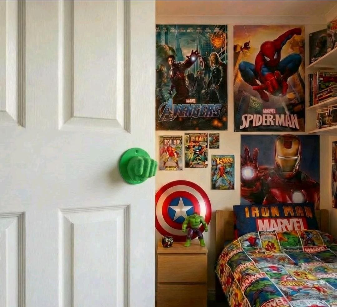 Green superhero interior door twist knob, home main entry hardware replacement, 3D printed PLA fist, kids bedroom birthday gift idea