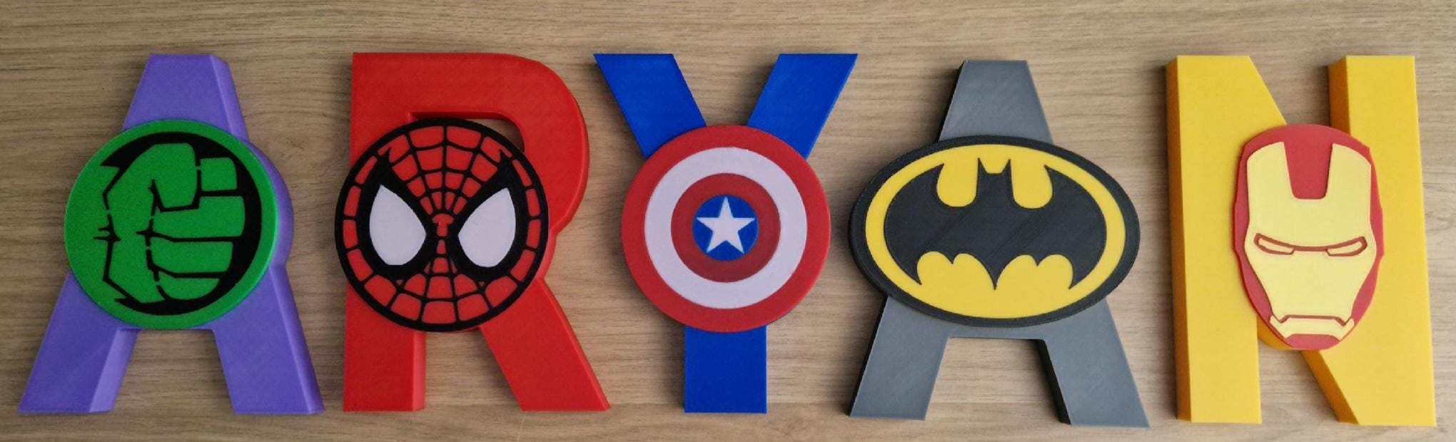 Superhero name wall decor, kids cabinet knobs, hulk iron man 3D printed PLA furniture handles, boy bedroom switch cover, birthday gift