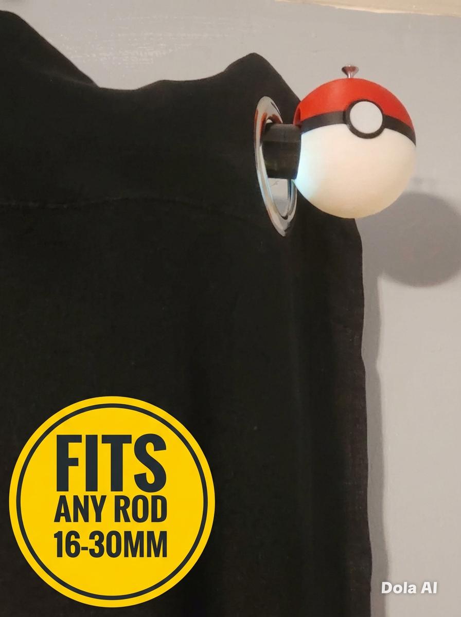 Pokeball curtain rod finials, universal window drapery pole ends, 3D printed anime PLA hardware, gamer bedroom kids birthday present