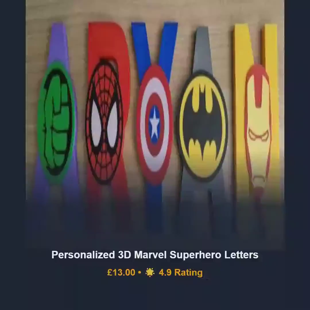 Superhero name wall decor, kids cabinet knobs, hulk iron man 3D printed PLA furniture handles, boy bedroom switch cover, birthday gift