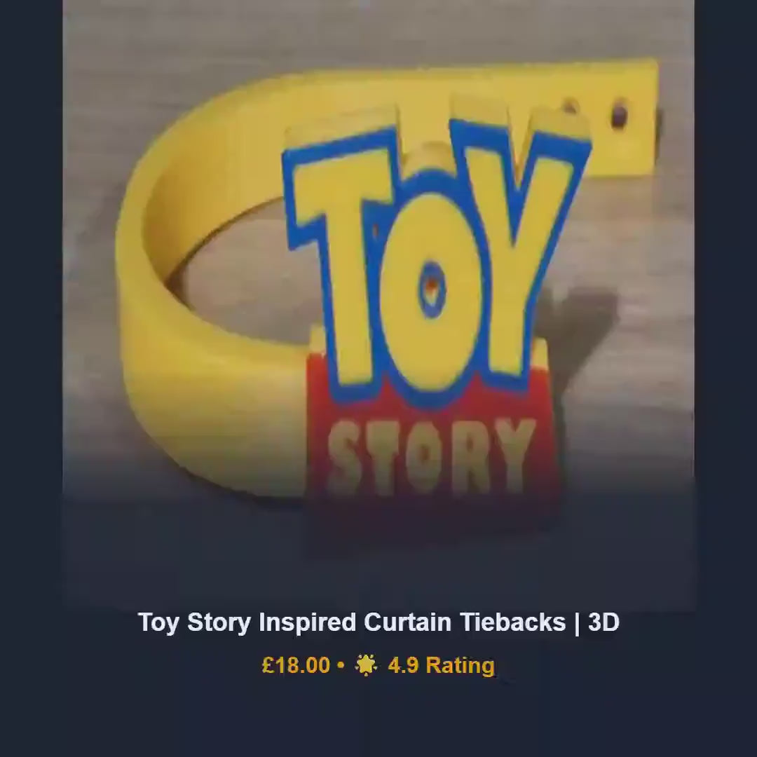 Toy story curtain tiebacks, pixar playroom window holdbacks, 3D printed thermoplastic loops, personalized boy toddler birthday present