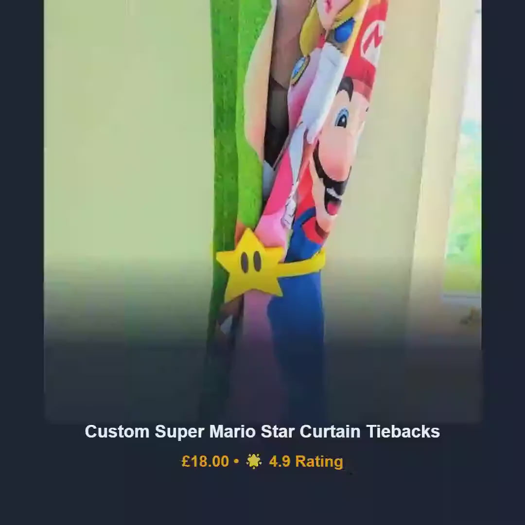Mario star curtain tiebacks, gaming room drapery holdbacks, 3D printed plastic nursery accessories, video game kids birthday gift decor