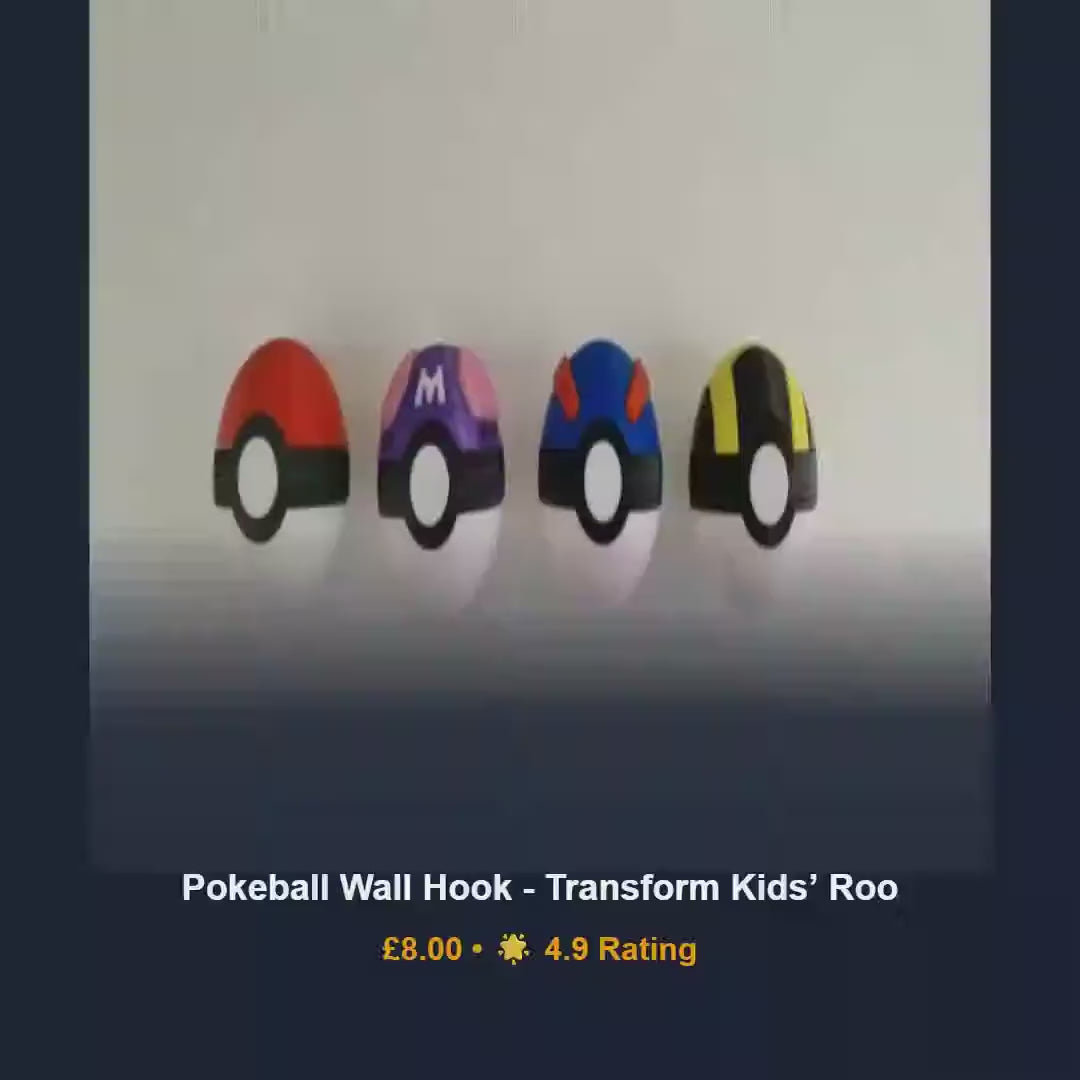 Pokéball wall mount hook, gaming bedroom organizer, 3D printed satin PLA, kids playroom coat hanger, anime fan birthday present idea