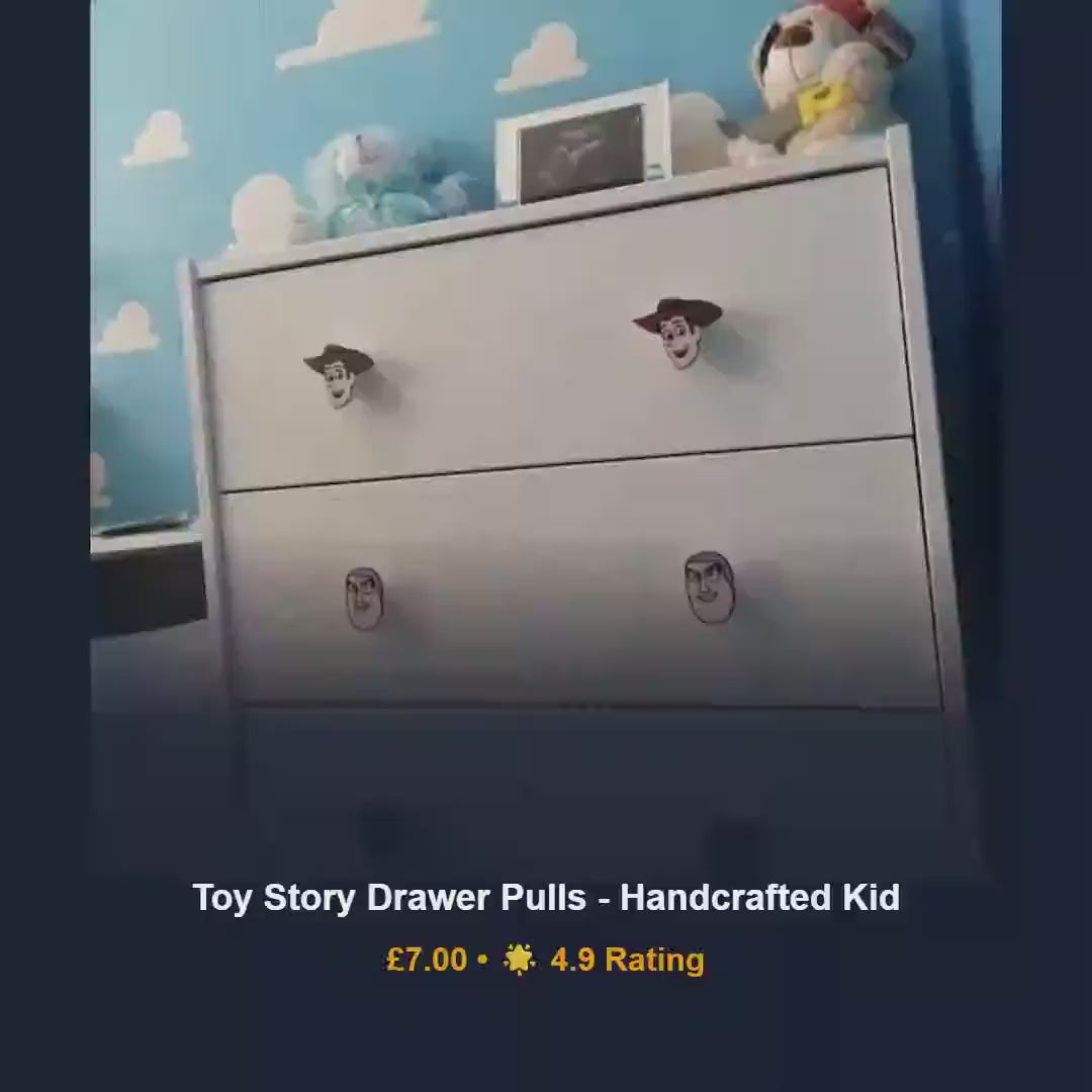 Toy story drawer pulls, kids furniture cabinet handles, buzz woody 3D printed PLA knobs, nursery dresser hardware, baby shower present - Test Video