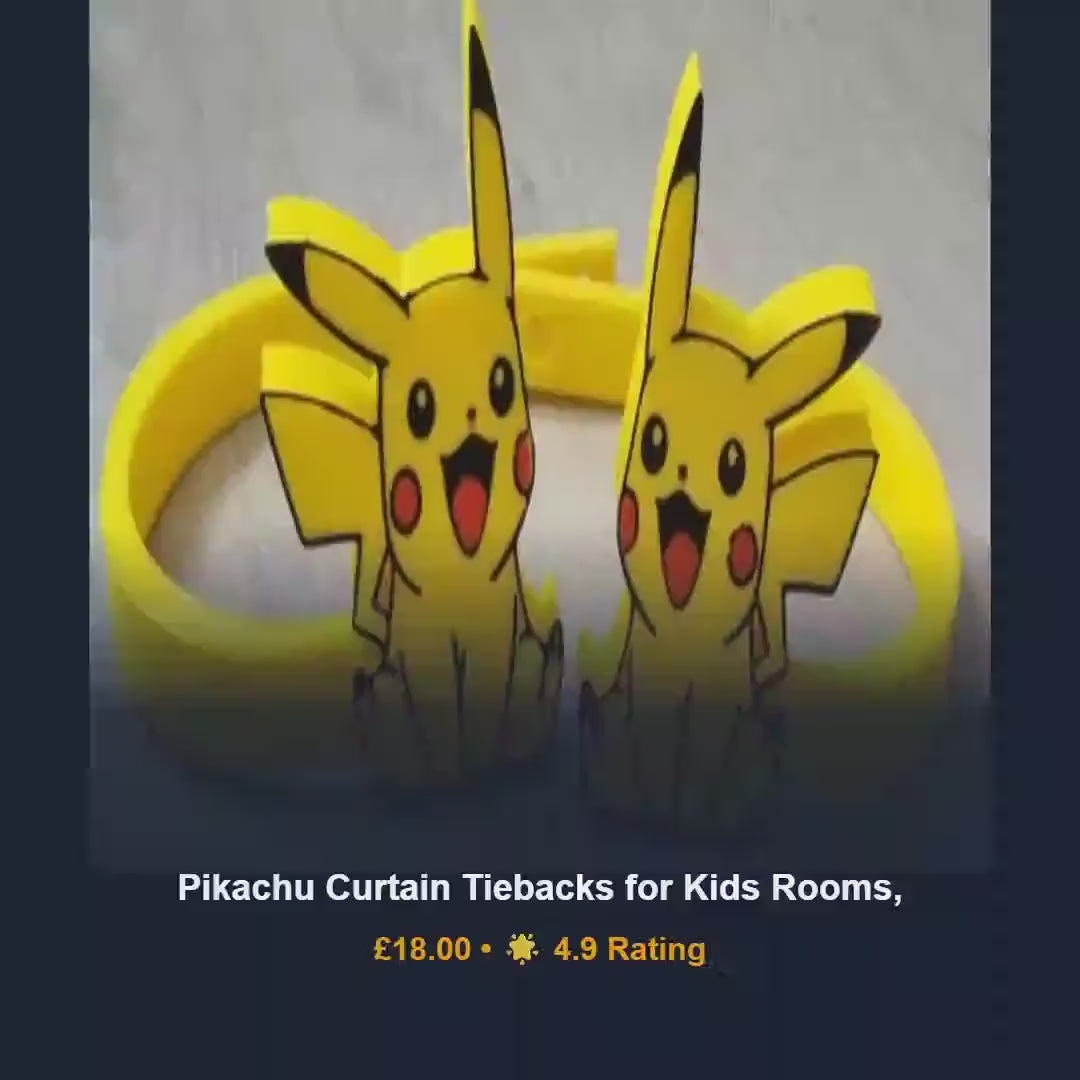 Pikachu curtain tiebacks, kids room decor, yellow pokemon window holdbacks, 3D printed PLA hardware, unique anime gamer birthday gift