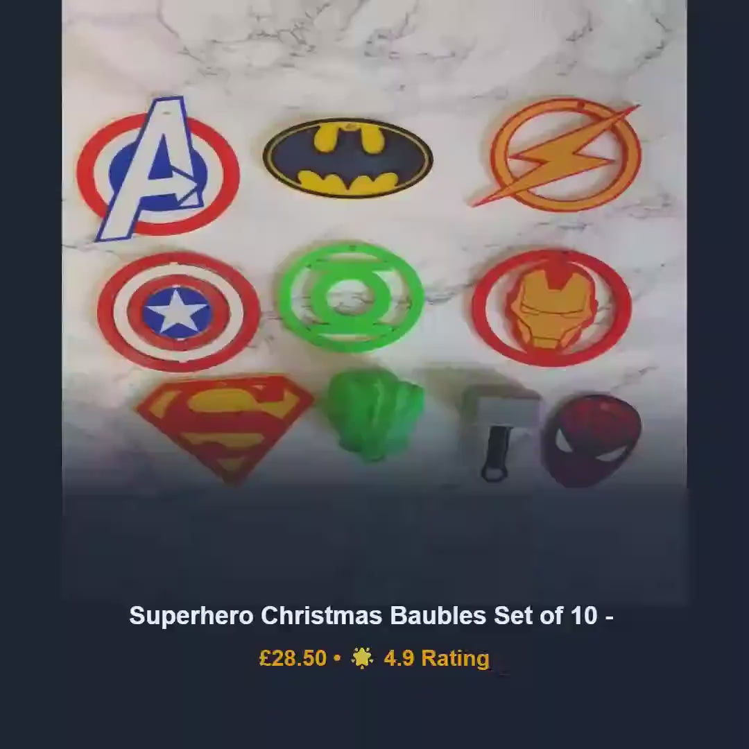 Superhero christmas baubles set of 10, holiday tree ornaments, 3D printed PLA marvel decor, unique secret santa gift for kids bedroom