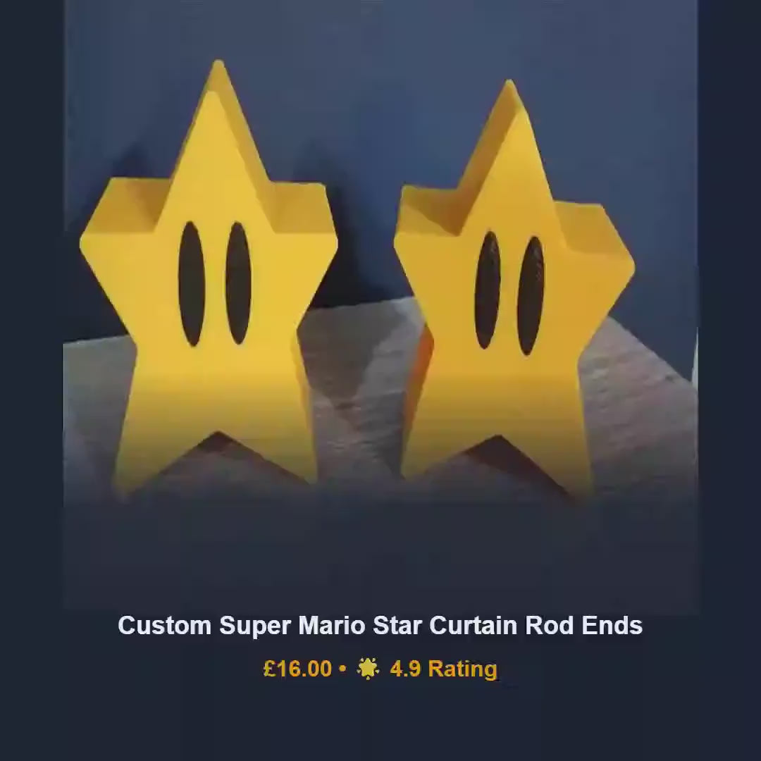 Mario star curtain rod ends, kids gaming room drapery finials, 3D printed PLA window pole hardware, boy nursery bedroom idea present