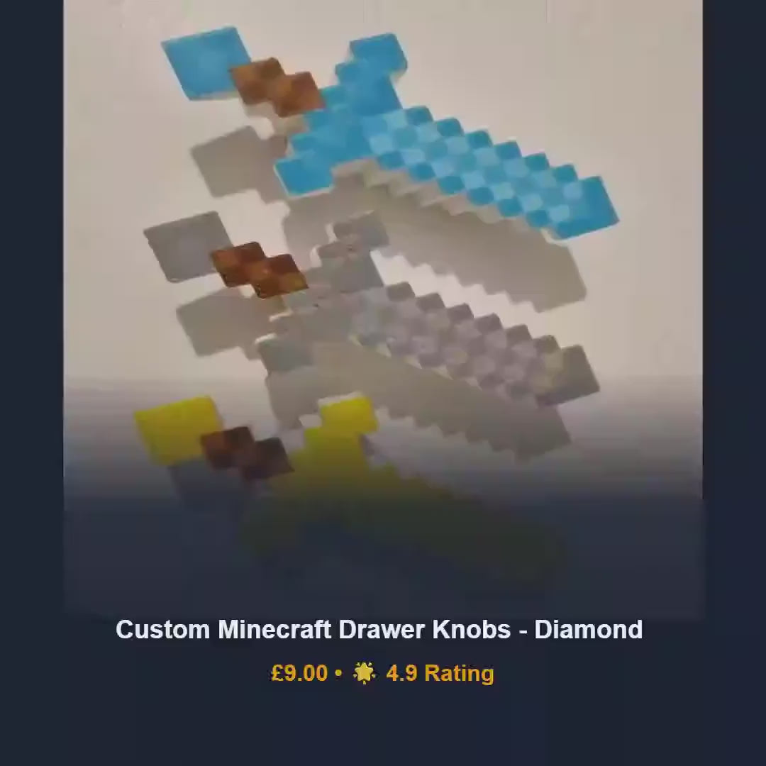 Minecraft drawer knobs, pixel world cabinet handles, diamond sword 3D printed PLA hardware, gamer boy bedroom decor, kid's birthday present