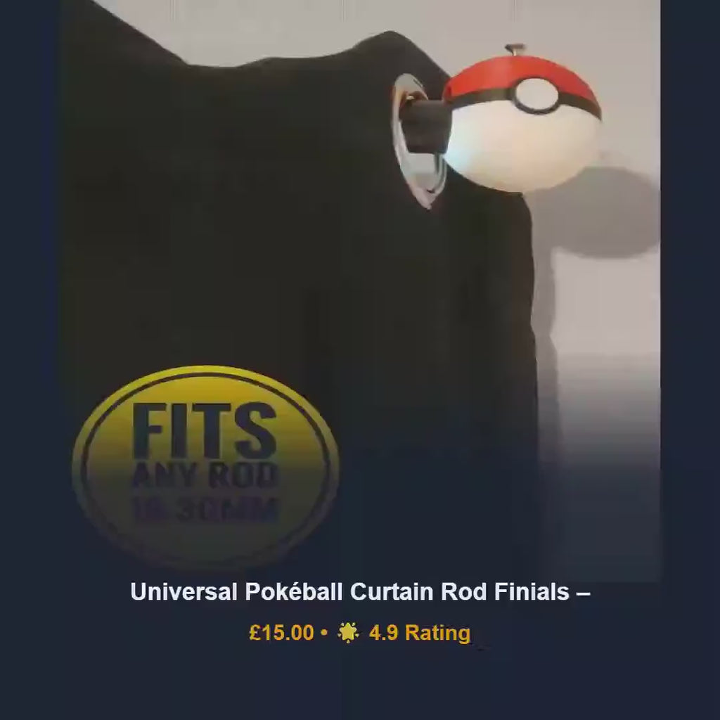 Pokeball curtain rod finials, universal window drapery pole ends, 3D printed anime PLA hardware, gamer bedroom kids birthday present