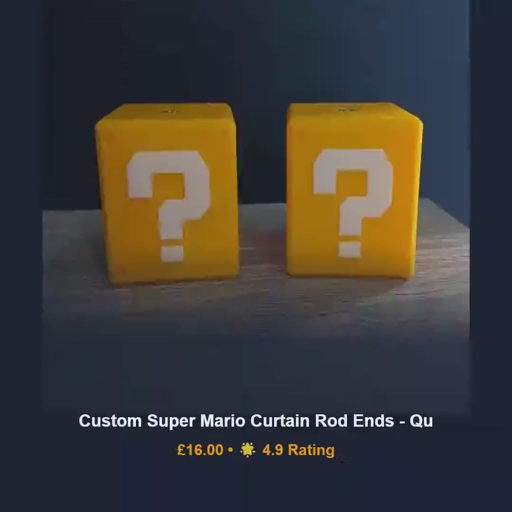 Mario question box curtain rod ends, kids gaming room window pole finials, 3D printed PLA toppers, unique video gamer birthday present